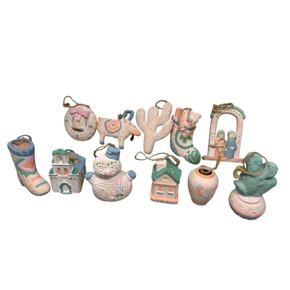 Vintage Southwestern Ceramic Ornaments Set 11 Pastel Terra Cotta Cactus Boot Art